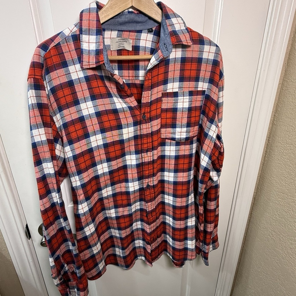 Jack & Jones Originals Men's XL Plaid Flannel Button Up Shirt Red Blue Cotton